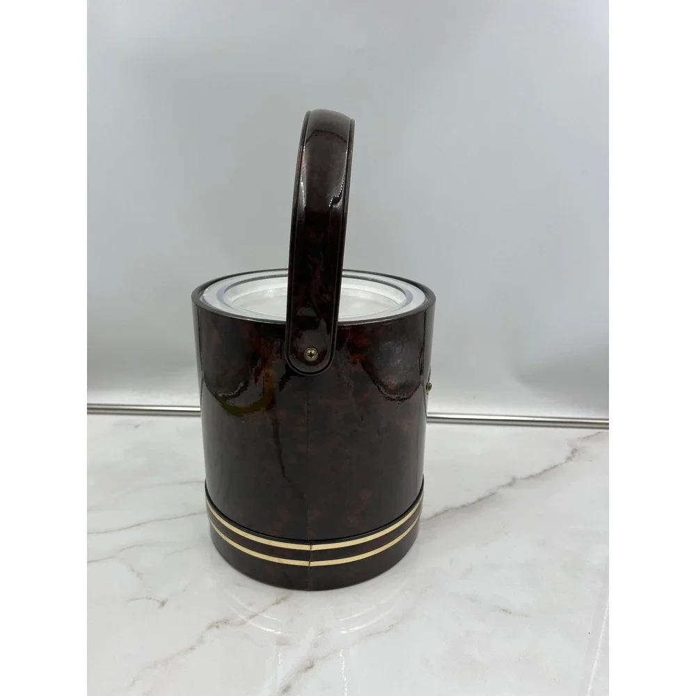 Vintage Faux Tortoise Shell Ice Bucket Gold Trim Mid Century Modern Barware